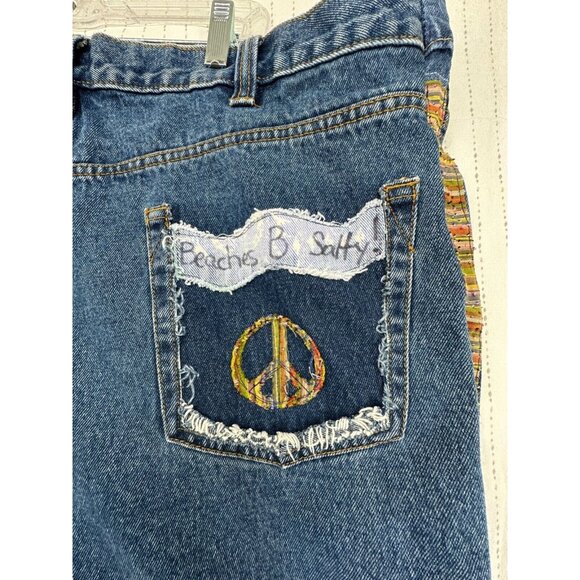 The Scrappy Camper Women Jeans Sz XXL Upcycled Patchwork Boho Festival Peace Out - Picture 9 of 16